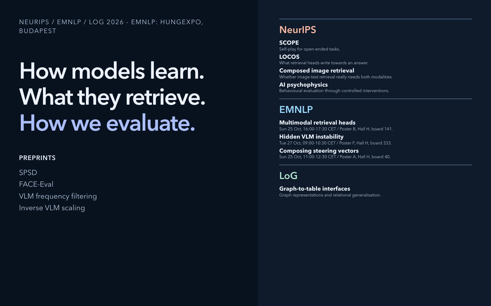 Split screen, EMNLP times and locations, Midnight