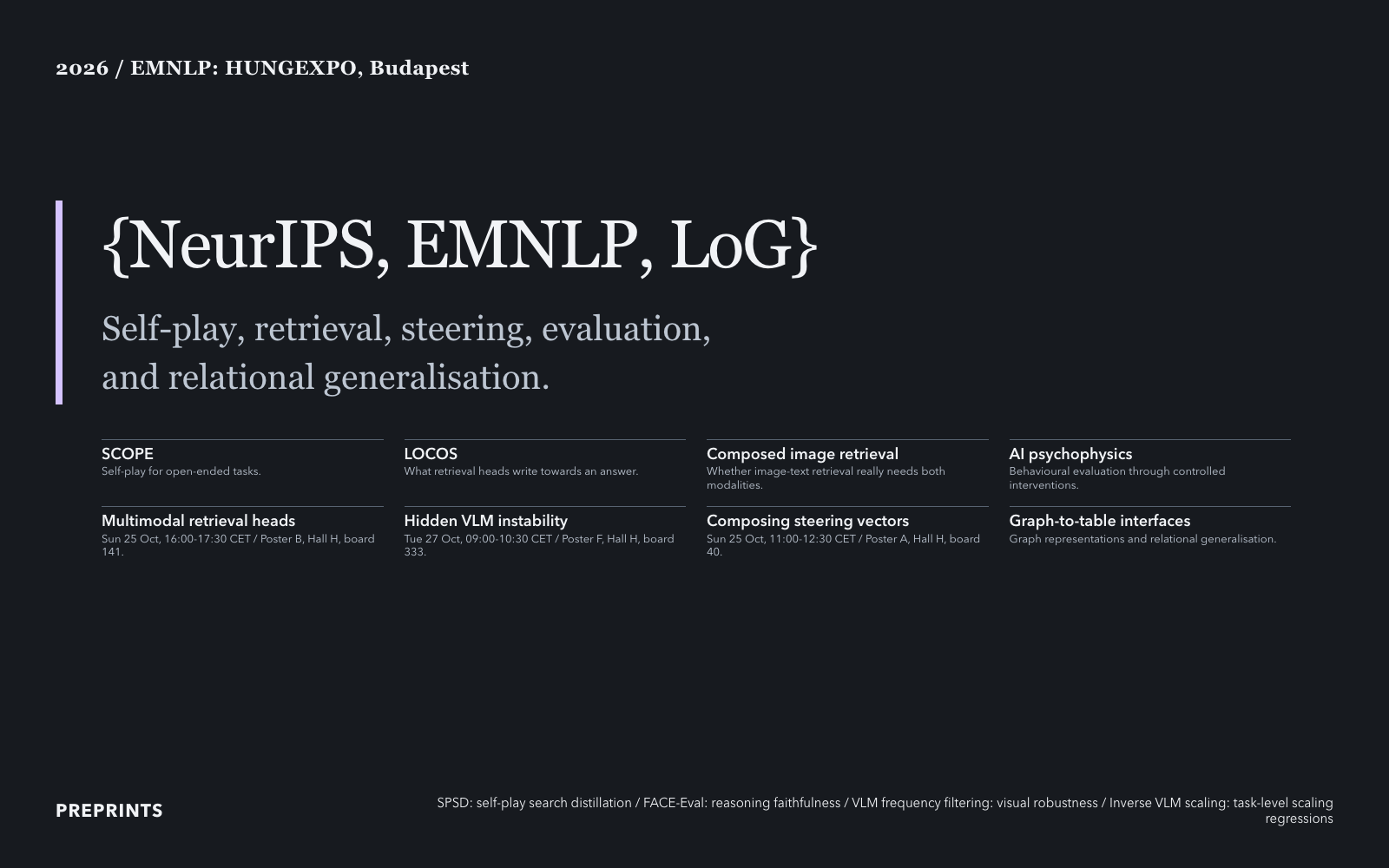 Academic title slide, EMNLP times and locations, Graphite