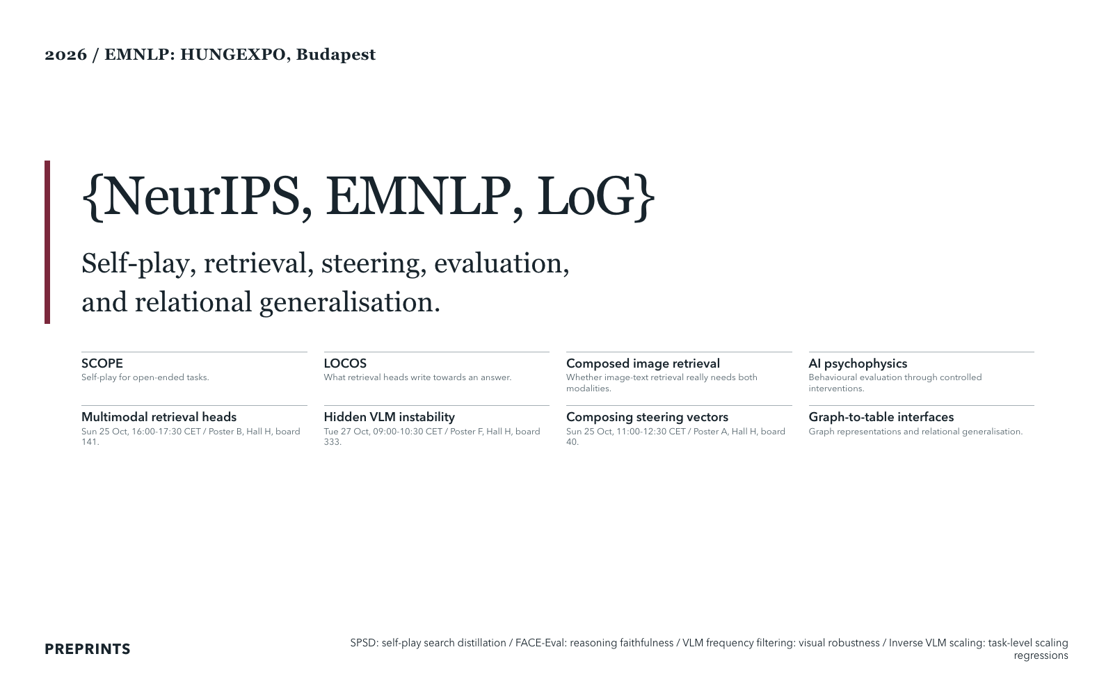 Academic title slide, EMNLP times and locations, Light