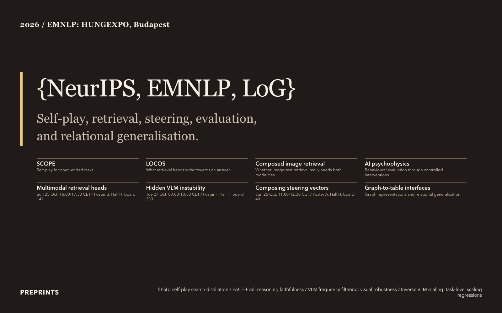 Academic title slide, EMNLP times and locations, Warm ink