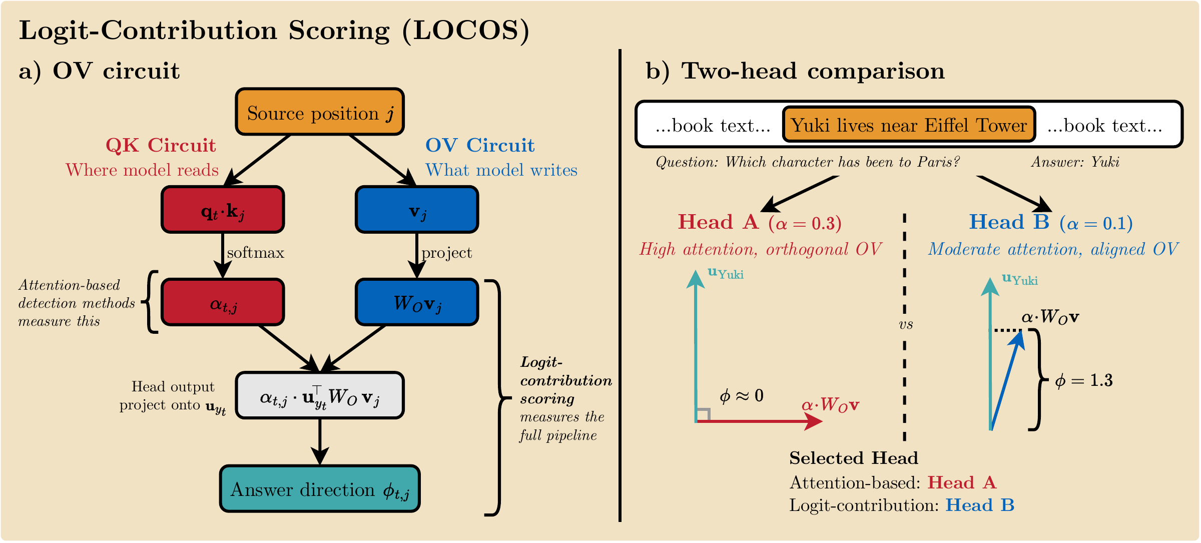 LOCOS compares where attention heads read with what they write towards the answer; a strongly attending head need not contribute answer-relevant information.